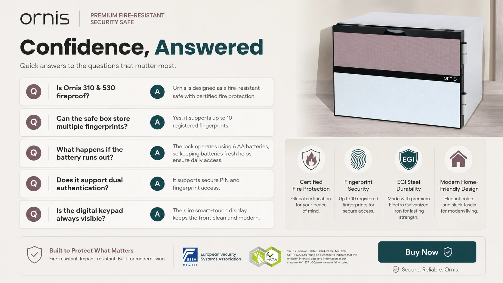 Ornis FAQ section answering questions about fireproof certification, multiple fingerprints, battery use, dual authentication, keypad visibility, and key product benefits.